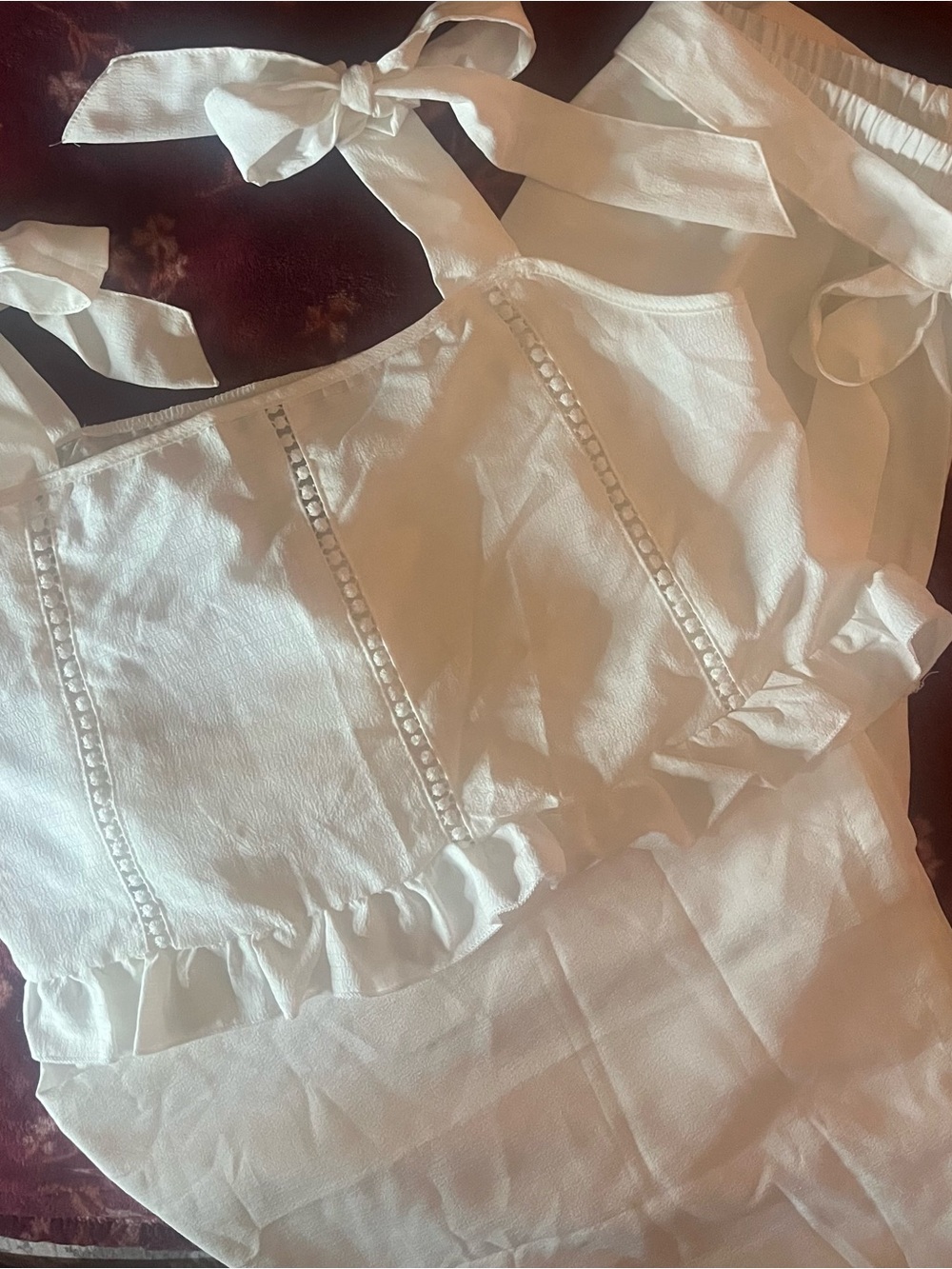 White Tie-Shoulder Ruffle Crop Camisole and matching pants with belt tie